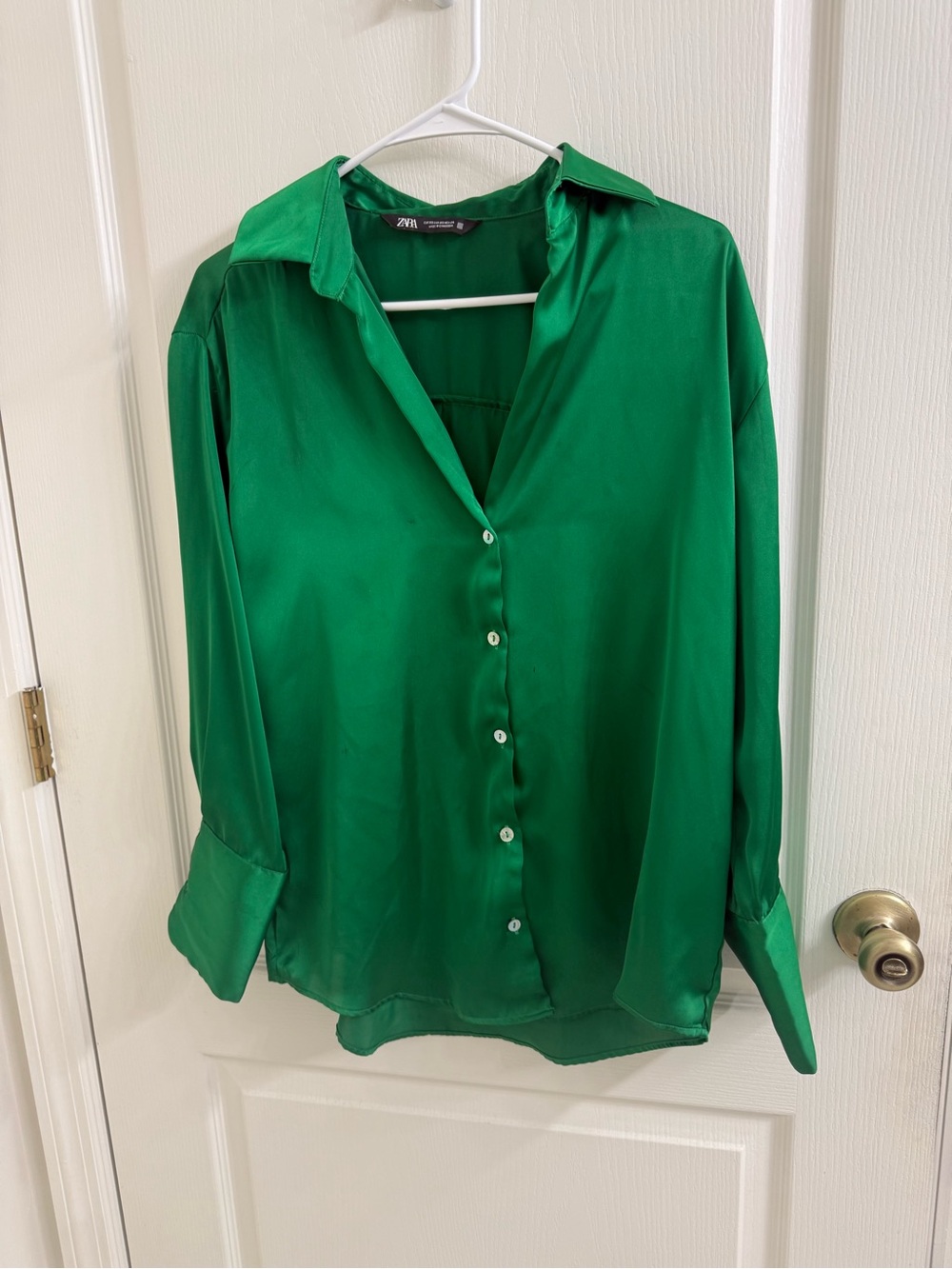 Zara Shiny Emerald Green Satin Button-Down Shirt